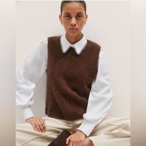 ME+EM NWT Collared 2 XS Layering Top Scallop Poplin Mixed Media Fresh White